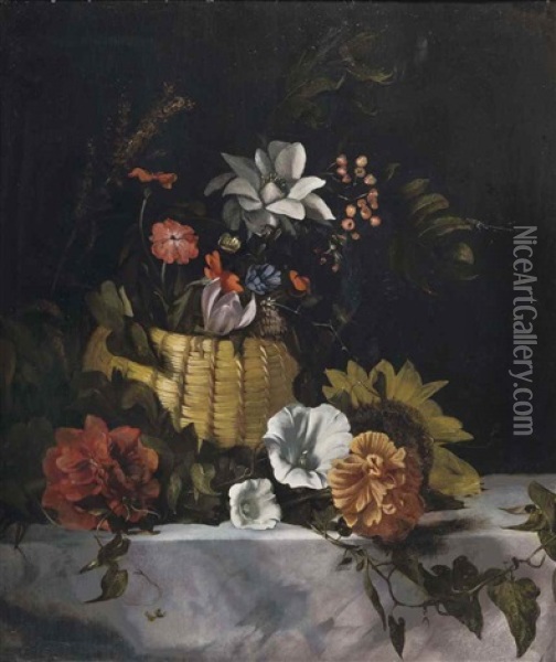 A Basket Of Flowers On A Marble Ledge Oil Painting - Dirck de Bray
