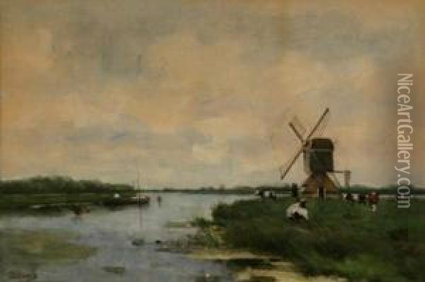 A Polder Landscape With Windmill Oil Painting - Victor Bauffe
