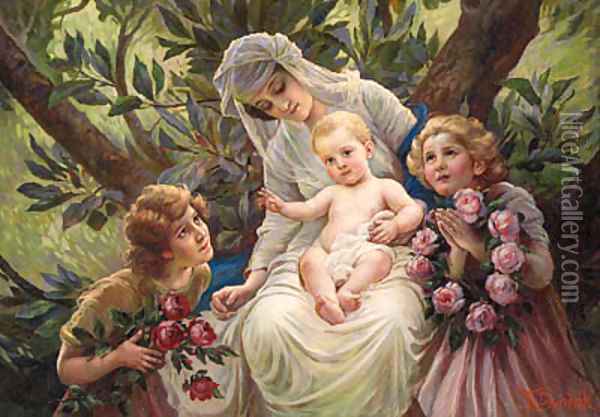 A Floral Tribute to a Mother and Child Oil Painting - Franz Dvorak