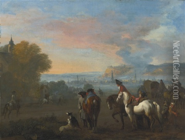 Landscape With Two Horsemen Duelling, Figures And A Town Beyond Oil Painting - Jan van Huchtenburg