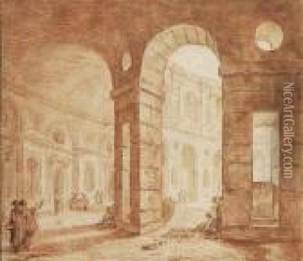 La Cour Du Palais De Caprarola A Viterbe Oil Painting - Hubert Robert