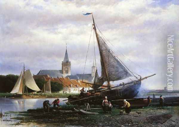 A River Landscape with a Fishing Boat on a Shipyard, a Village Beyond Oil Painting - Johan Adolph Rust
