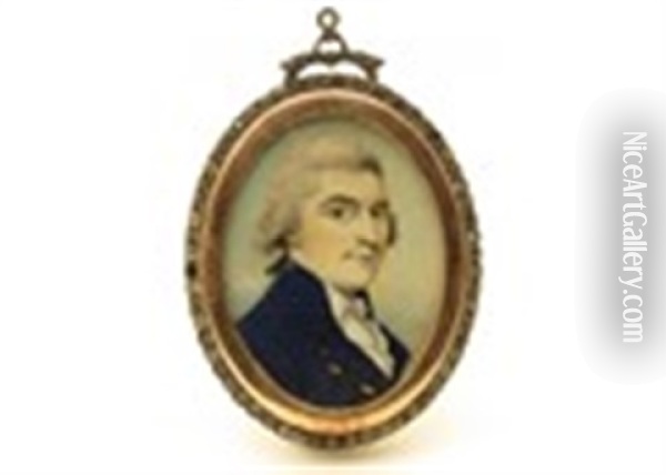 Portrait Miniature A Gentleman, Head And Shoulders In A Blue Coat And White Stock Oil Painting - Richard Bull