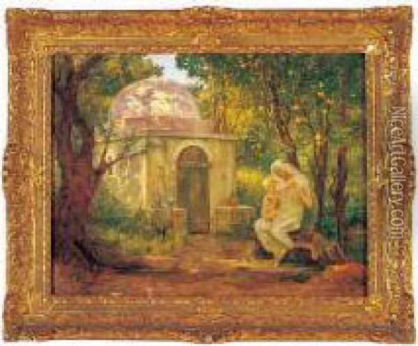 <femme Et Enfant Dans Un Jardin Sous Des Orangers Jouant Avec Une
 Orange>. Oil Painting - Virginie Demont-Breton