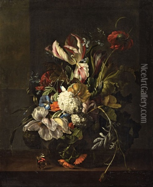 Flower Still Life With Tulips, Poppy, Viburnum, Bindweed And Chrysanthemums Oil Painting - Rachel Ruysch