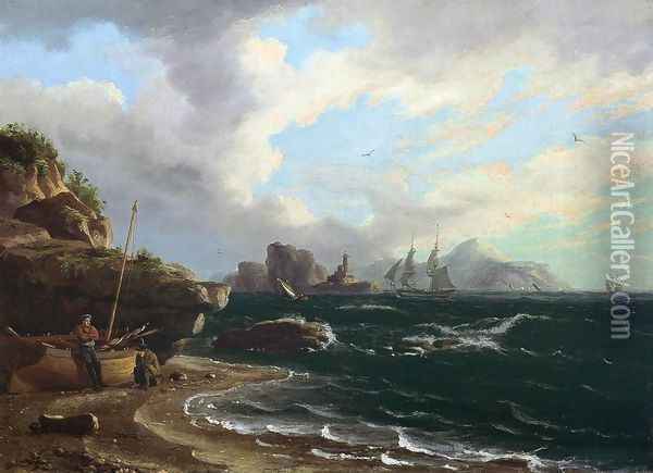 Figures with Docked Boat at Shoreline Oil Painting - Thomas Birch