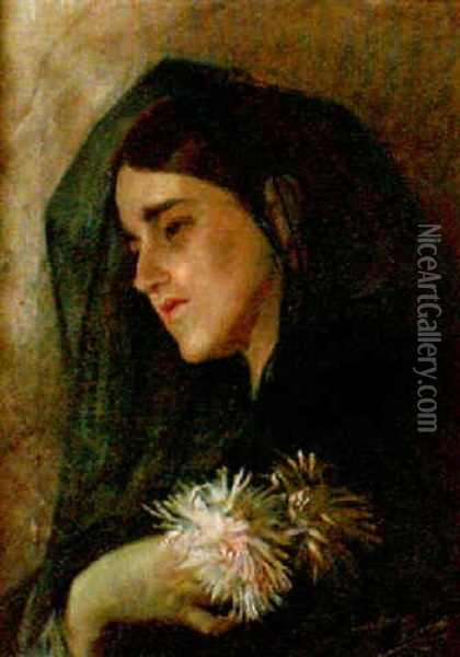 Joven Con Crisantemos Oil Painting - Cesar Alvarez Dumont