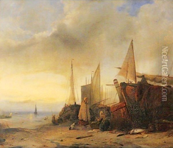 Ships At Low Tide Oil Painting - Jacobus Jacobs