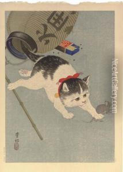 Cat Trapping A Mouse Oil Painting - Ohara Koson