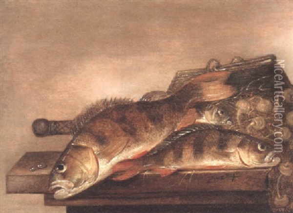 Still Life Of Sea Bream, A Fishing Basket And Nets On A Table Oil Painting - Pieter de Putter