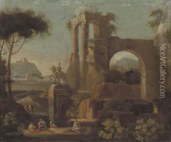 An Italianised Landscape With Bathers By A Classical Ruin Oil Painting - Jan Frans Van Bloemen (Orizzonte)