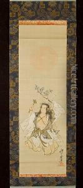 Two Kakemono: The First 
Depicting The Goddess Usume Dancing Alone, Holding A Branch Of The 
Sacred Sakaki Tree In One Hand And A Bunch Of Suzu In The Other, The Red
 Orb Of The Sun Rising From The Mists In The Background, In Ink And 
Colour On Silk,  Oil Painting - Kawanabe Kyosai