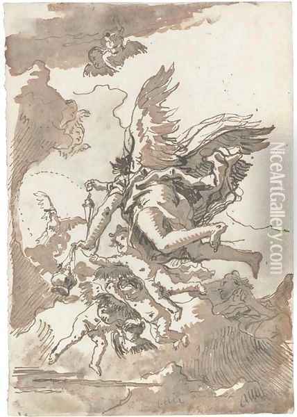 A group of angels in flight, one holding a censer Oil Painting - Giovanni Domenico Tiepolo