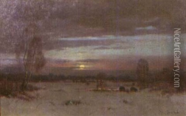 Romantische Winterlandschaft Mit Wildschweinrotte Im Gegenlicht Der Abendsonne Oil Painting - Franz Fuchs