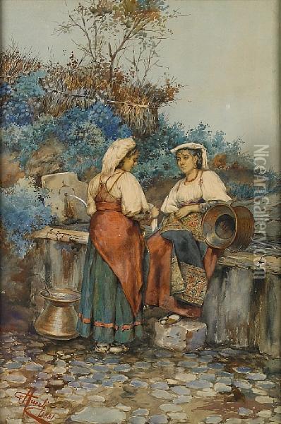 Two Maidens At A Fountain Oil Painting - Giuseppe Aureli
