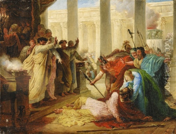 Ptolemy Philopator Struck By Death As He Desecrated The Temple Of Jerusalem Oil Painting - Francois-Joseph Heim