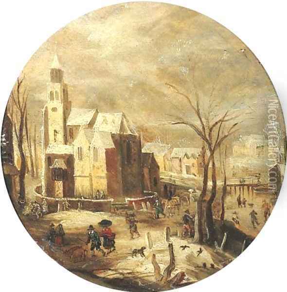 A winter landscape with skaters on a frozen waterway by a castle, peasants returning from market nearby Oil Painting - Jacob Grimmer