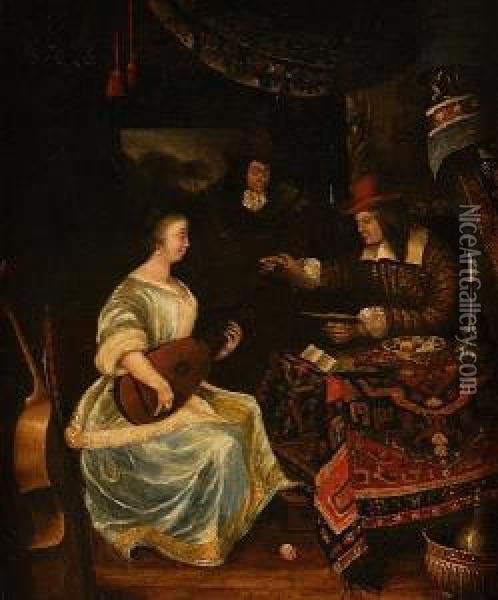 Interior With A Lady Playing The Lute Oil Painting - Frans van Mieris