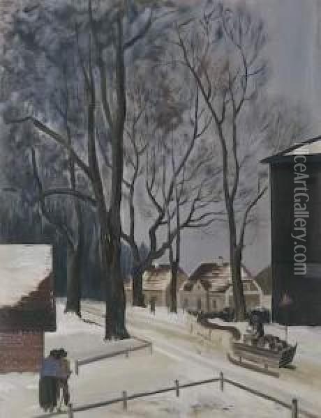 Dorfstrasse Im Winter. Oil Painting - Alfred Partikel