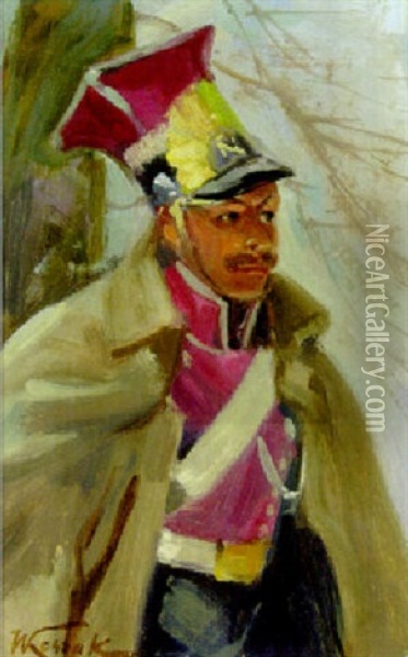 A Soldier, Wearing Napoleonic Uhlan Uniform Oil Painting - Woiciech (Aldabert) Ritter von Kossak