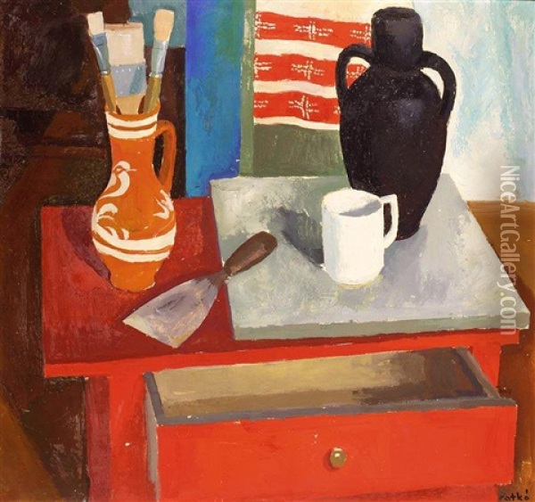 Still Life With Paintbrushes And Spatula Oil Painting - Karoly Patko