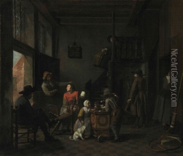 An Interior With A Woman At Her Spinning Wheel, A Child With A Rattle, And Other Figures Oil Painting - Jan Josef Horemans the Younger