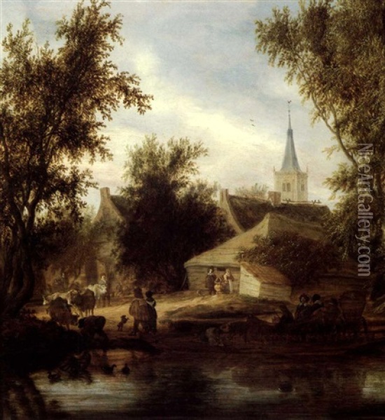 A Ferry At The Outskirts Of A Village Oil Painting - Salomon van Ruysdael