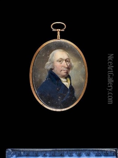 A Gentleman, Wearing Double-breasted Blue Coat With Brass Buttons Over Yellow Striped Waistcoat With Tied White Stock, His Hair Powdered Oil Painting - Abraham Daniel