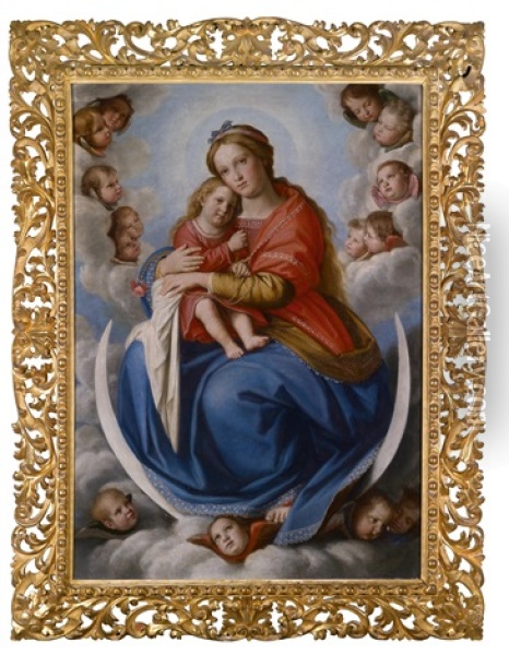 Madonna Mit Kind Auf Der Mondsichel, Von Engelsglorie Umgeben Oil Painting - Giovanni Battista Salvi (Il Sassoferrato)