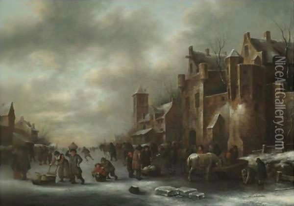 A Winter Landscape With Numerous Figures On A Frozen River Outside The Town Walls Oil Painting - Claes Molenaar (see Molenaer)
