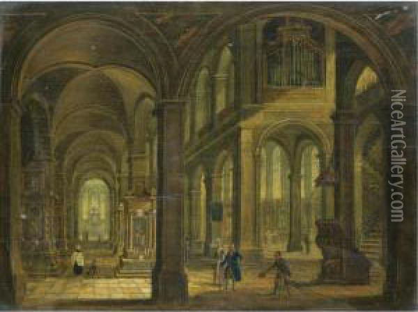 A Church Interior With Elegant Figures And Beggars Oil Painting - Christian Stocklin