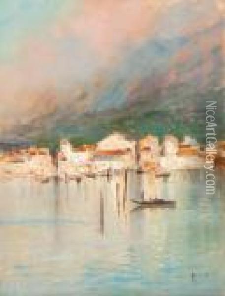 Marina Con Barca E Una Citta Sullo Sfondo Oil Painting - Oscar Ricciardi