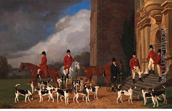 Sir John Cope with his Hounds on the Steps of Bramshill House, Hampshire Oil Painting - Edmund Havell Jnr.
