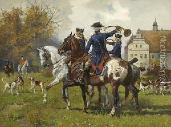 Aufbruch Zur Jagd. Oil Painting - Georg Koch