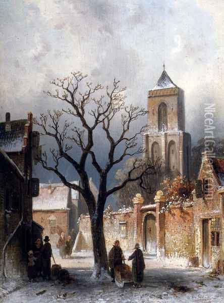 A Village Snow Scene Oil Painting - Charles Henri Joseph Leickert