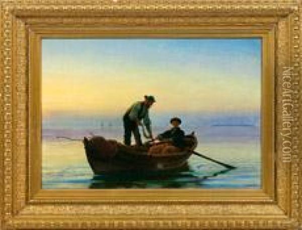 Zwei Fischer Beimeinholen Der Netze Im Abendrot Oil Painting - Anton Laurids J. Dorph