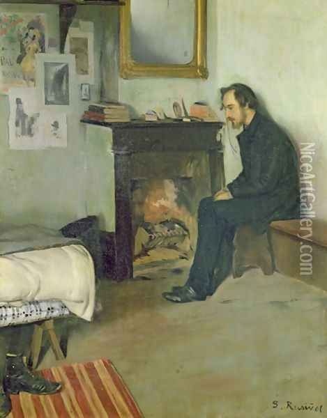 The Bohemian portrait of Erik Satie in his studio in Montmartre, 1891 Oil Painting - Santiago Rusinol i Prats