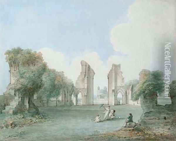 Lady with a parasol and children enjoying an afternoon in the ruins of Glastonbury Abbey Oil Painting - Jan Sanders