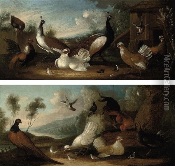 A Cockerel, A Pheasant And Chickens In A Landscape (+ Two Peacocks, Chickens And A Pheasant In A Landscape; Pair) Oil Painting - Marmaduke Cradock