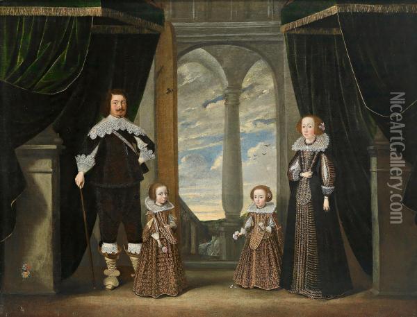 Ritratto Di Una Famiglia In Un Palazzo Con Vista Dal Portico Su Un Cielo Annuvolato Oil Painting - Wolfgang Heimbach