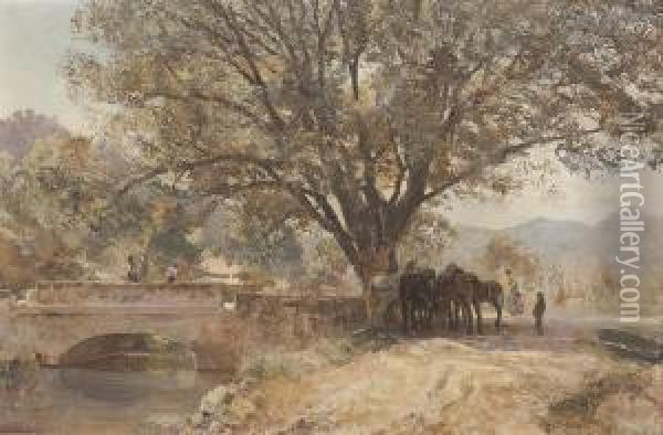 Pferde Rasten An Einer Brucke Oil Painting - Robert W. West