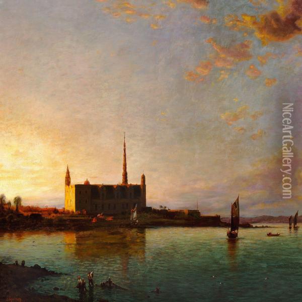 Coastal Scene With A Castle In The Sunset Oil Painting - Georg Sassnick