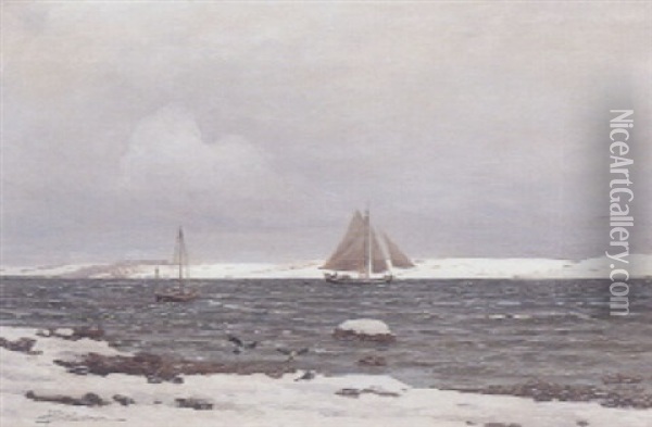 Fjordparti Med Fiskerbade, Vinter Oil Painting - Andreas Christian Riis Carstensen
