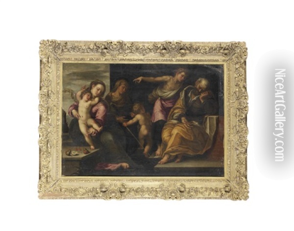 The Dream Of Joseph With Saint Elizabeth And The Infant Saint John The Baptist In A Carved Frame Oil Painting - Dario Varotari