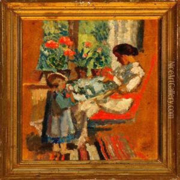 An Interior With Motherand Child Doing Needlework Oil Painting - Ludvig Find