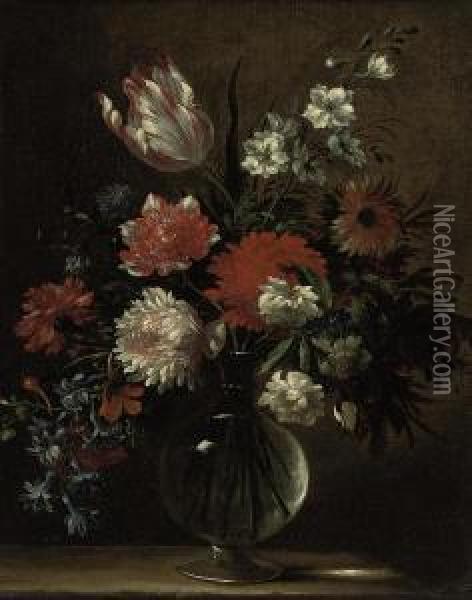 Morning Glory, Tulips, Carnations And Other Flowers In A Glass Vaseon A Ledge Oil Painting - Nicolas Baudesson
