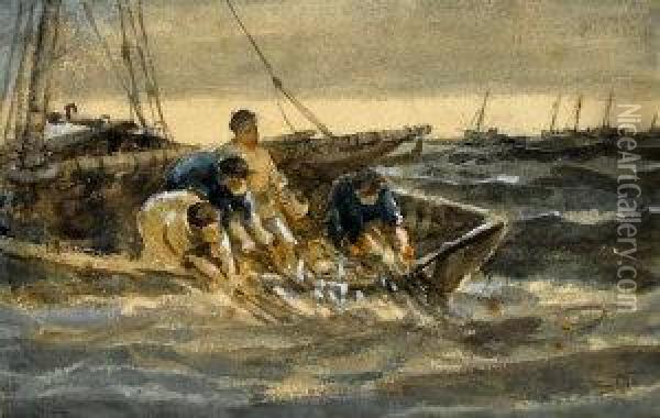 Fishing Boats In Rough Sea Oil Painting - Colin Hunter