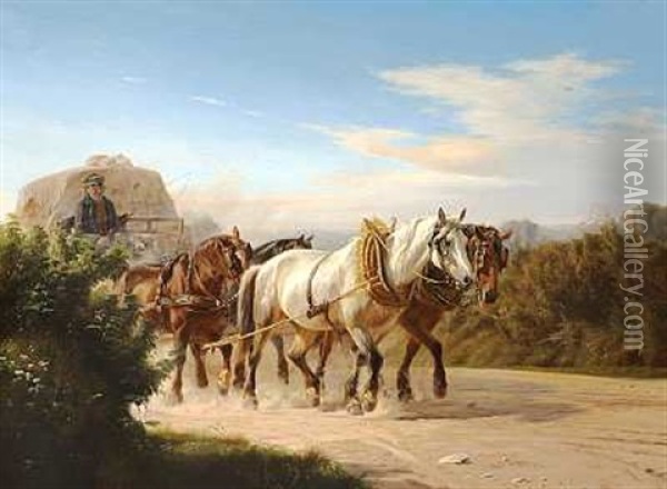 En Fragtvogn. Sommerdag Med Hestekoretoj Pa En Stovet Landevej Oil Painting - Adolf Heinrich Mackeprang