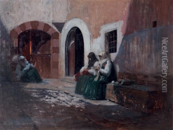 Femmes Assises Dans Une Ruelle Oil Painting - Georges Berges