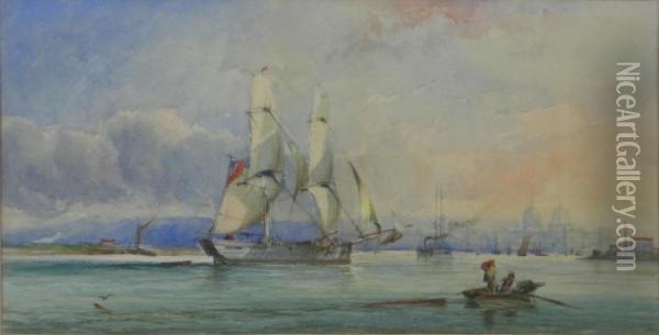 Sailing Boat With A Harbour In The Distance Oil Painting - Thomas Bush Hardy